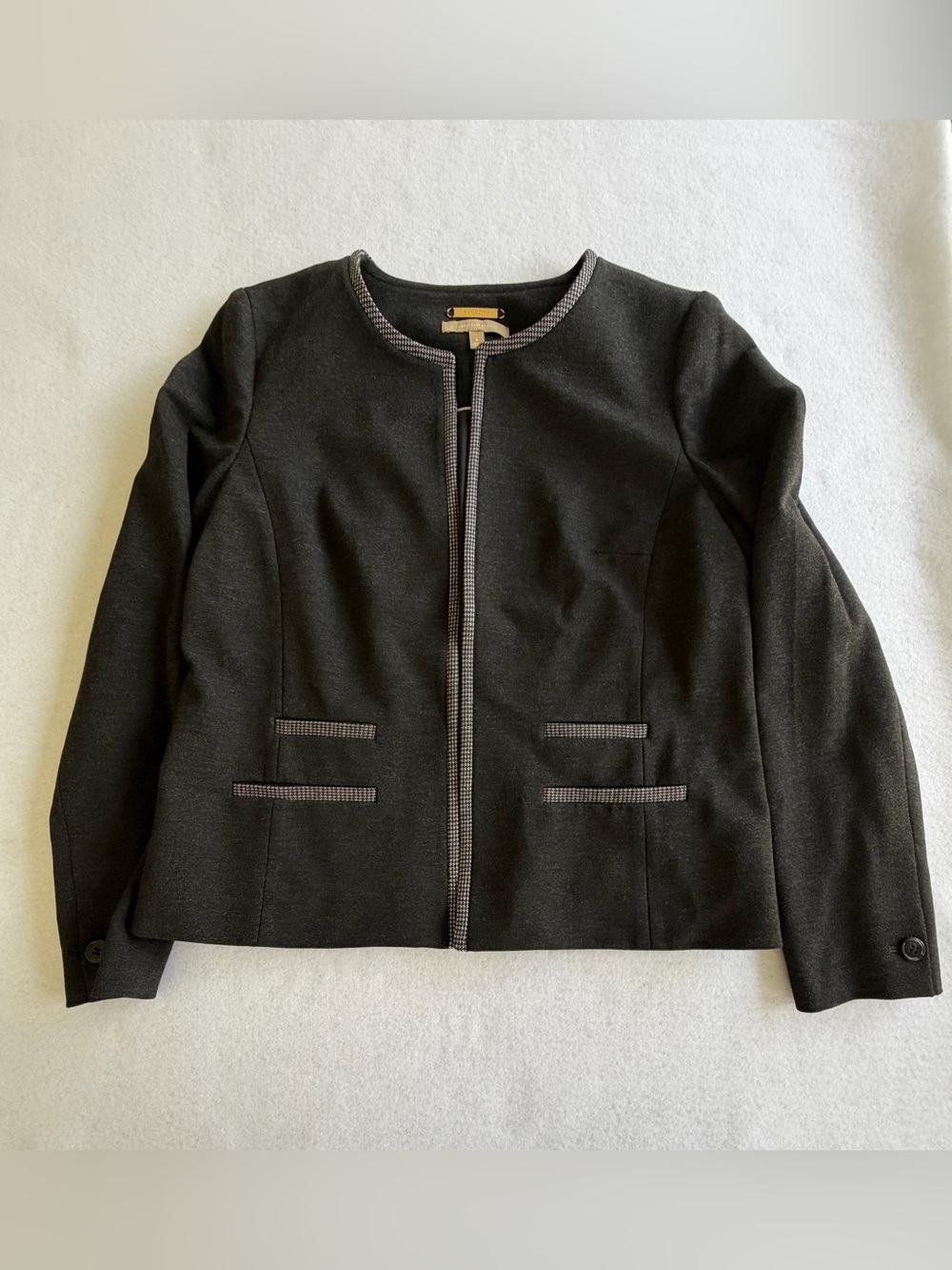 Talbots Luxe Knit Black Collarless Blazer with Contrast Trim. Size 8